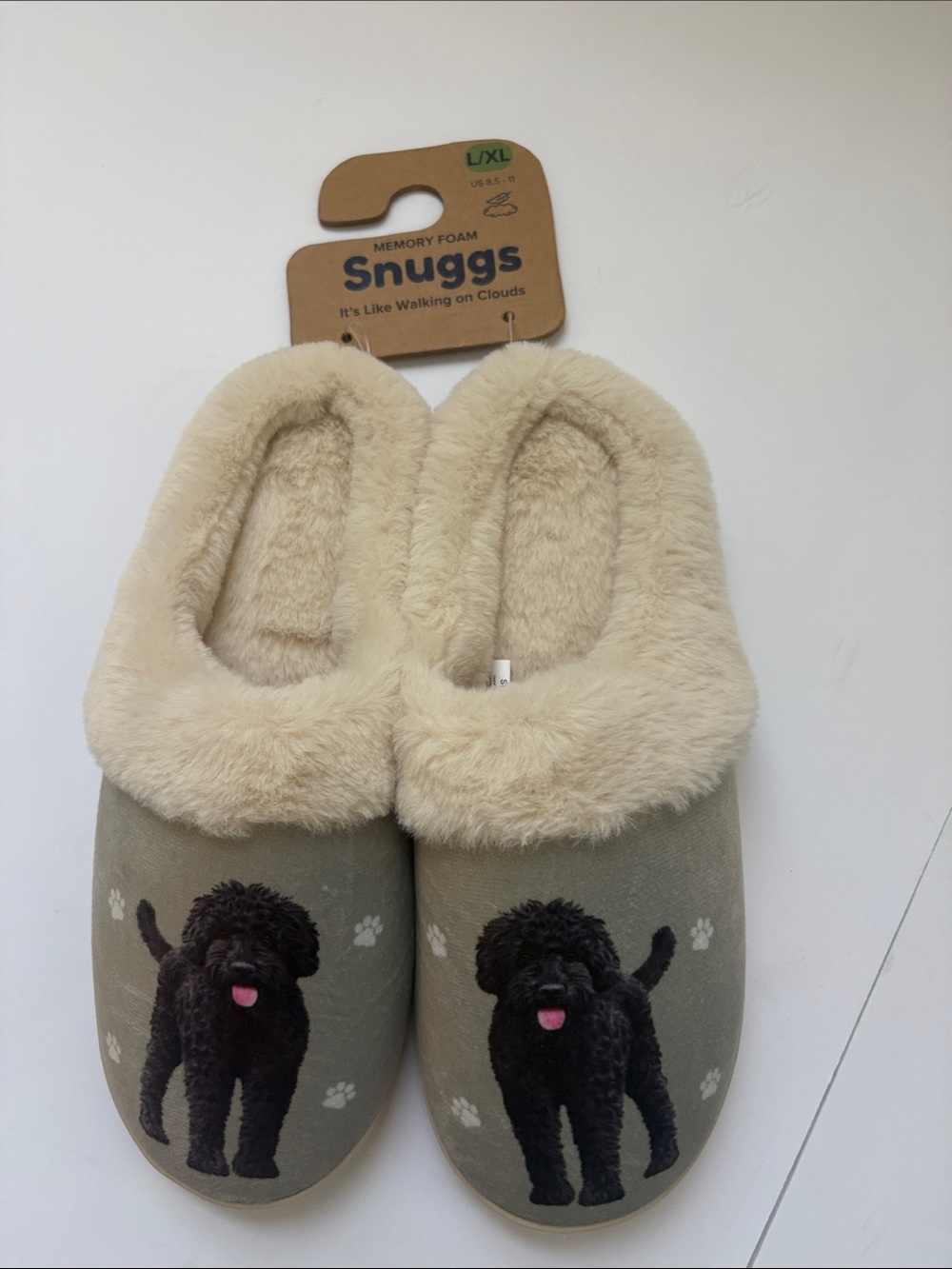 Snuggs Women's Cream and Tan Plush Slippers with Black Doodle , memory foam